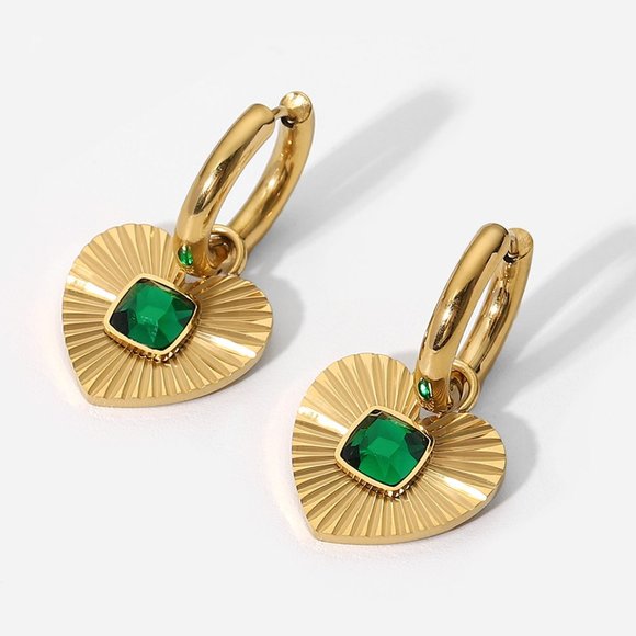 Boutique Jewelry - Vintage Green Zircon Heart Gold Hoop Earrings